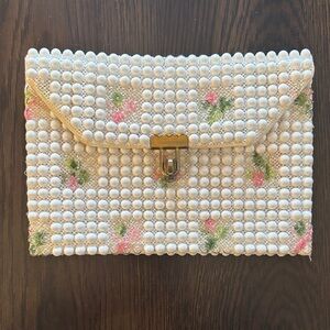 Vintage White Beaded Clutch with Floral Accents